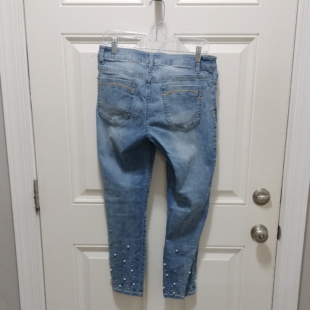 Nanette Lepore Light Blue Ankle Jeans with Pearl Details - Picture 3 of 9
